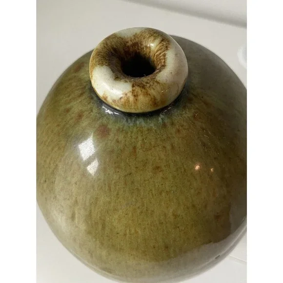 Signed Abique Earthenware Green Tall Heavy Vase Hand Made Signed